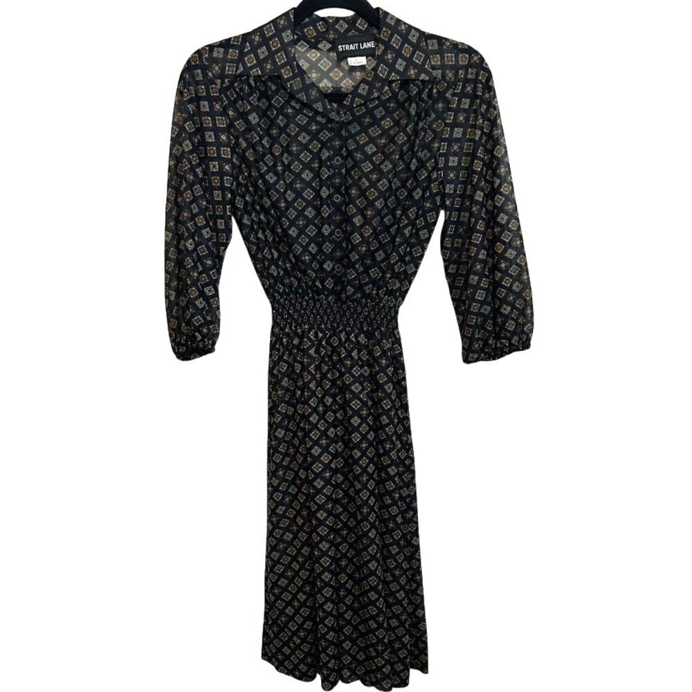 Strait Lane 70s Sheer Geometric Medallion Print Midi Dress Navy Poly Vintage S